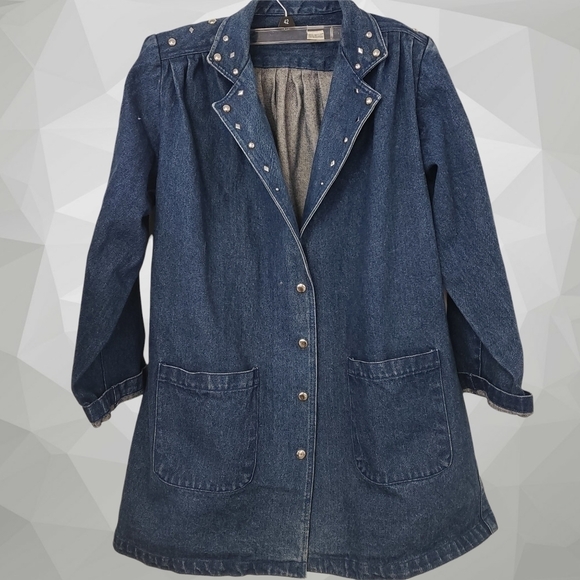 VINTAGE 80s Studded Denim Duster Jacket M Padded Shoulders Oversized EUC - Picture 5 of 11